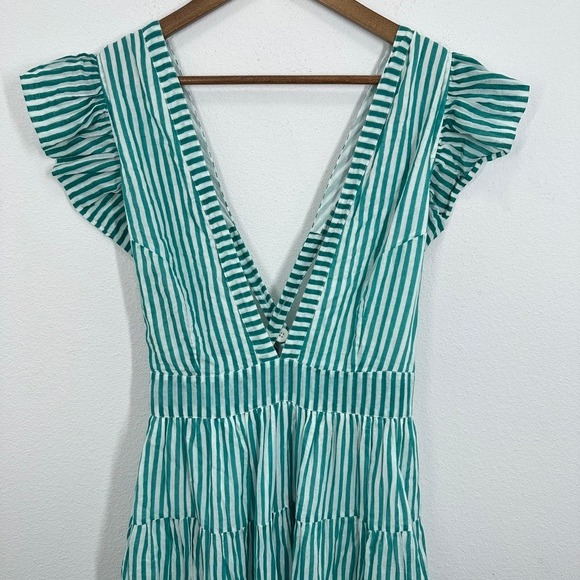 Oliphant Green Striped Mini Dress V Neck Ruffle Sleeve Tiered Cotton Summer - Picture 2 of 9